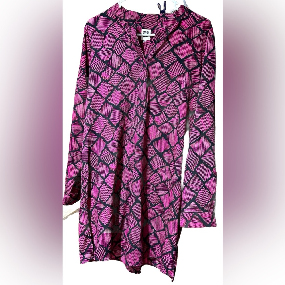 Ann Klein Mini Shirt Dress Womens Size M Black Pink Print Long Sleeve Shirtdress